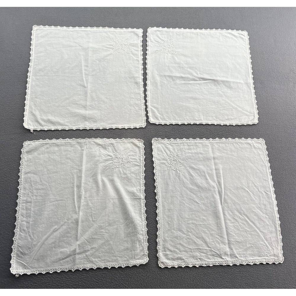 Lillian Vernon White Cotton Napkins Set of 4 Floral Embroidery Crochet Lace Trim
